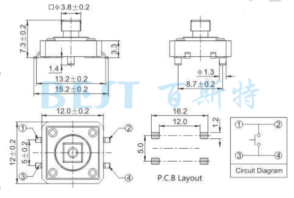 輕觸開關TS-1103CW參考圖紙 輕觸開關TS-1103CW參考圖紙