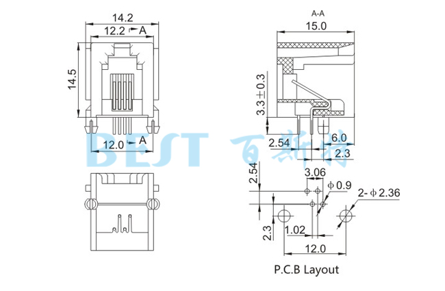 RJ45插座5523 4P4C-E 參考圖紙 RJ45插座5523 4P4C-E 參考圖紙